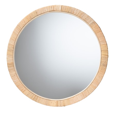 Baxton Studio Bella Modern Bohemian Natural Brown Mahognay Wood and Natural Rattan Round Mirror 226-13098-ZORO